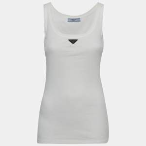 مملوكة مسبقًا Prada White Cotton Jersey Triangle Logo Tank Top XS