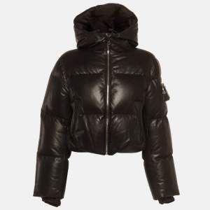 Pre Owned Prada Black Leather Puffer Down Jacket S
