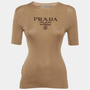 مملوكة مسبقًا Prada Brown Logo Intarsia Silk Rib Knit Top S