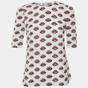 مملوكة مسبقًا Prada White Lip Printed Crepe Top S