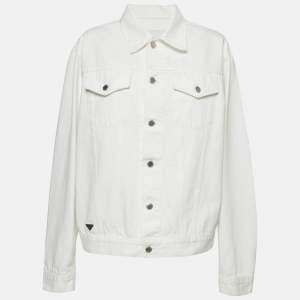 Pre Owned Prada White Triangle Logo Plaque Embellished Denim Blouson Jacket XXL 