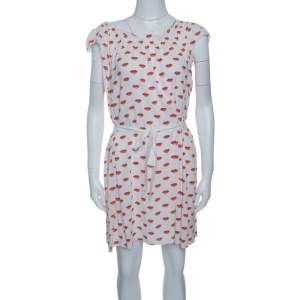 Prada White and Red Lip Print Pleated Waist Tie Detail Dress S