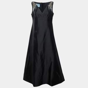 مملوكة مسبقًا Prada Black Gabardine Bead Embellished Empire Waist Maxi Dress L