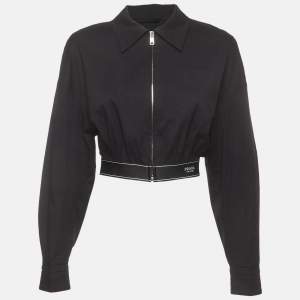 Pre Owned Prada Black Stretch Poplin Logo Band Cropped Jacket M 