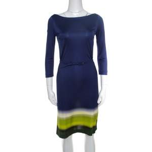 Prada Multicolor Silk Jersey Long Sleeve Belted Dress S