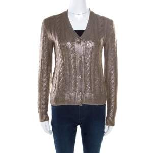 Prada Brown Metallic Coated Cable Knit Wool and Cashmere Cardigan S