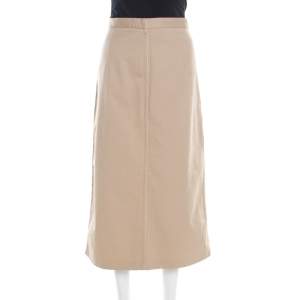 Prada Beige Cotton Contrast Top Stitch Detail Midi Skirt L