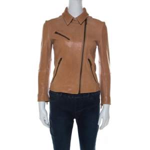 Prada Beige Lamb Leather Zip Front Biker Jacket S