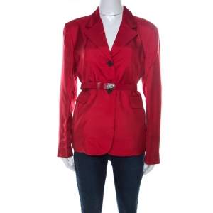 Prada Crimson Red Silk Belted Tailored Jacket L 
