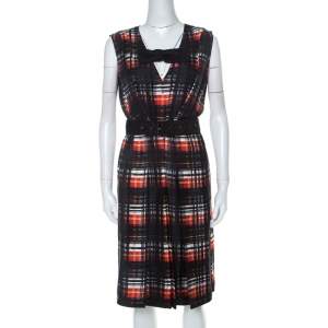 Prada Black and Red Plaid Printed Silk Sleeveless Belted Dress M 