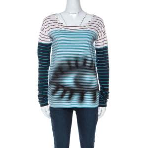 Prada Multicolor Stripes And Eye Print Cotton Long Sleeve T-Shirt XS