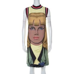 Prada Yellow Face Print Crepe Sleeveless Knee Length Dress S