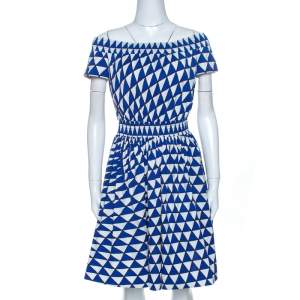 Prada Blue and White Geometric Printed Cotton Off Shoulder Dress M