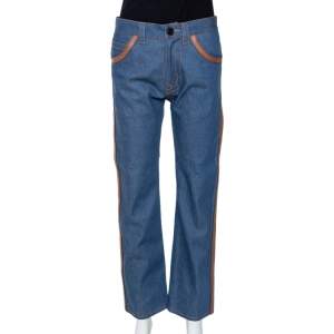 Prada Blue Denim Leather Trim Straight Leg Jeans S