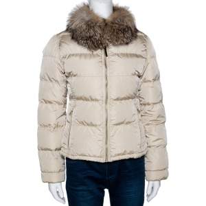 Prada Beige Down Quilted Fur Collared Jacket S