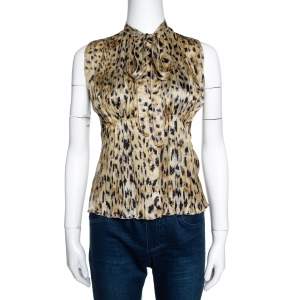 Prada Beige Printed Silk Gathered Bow Tie Detail Blouse S
