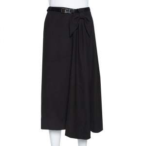 Prada Black Crepe Bow Detail Belted Midi Skirt S