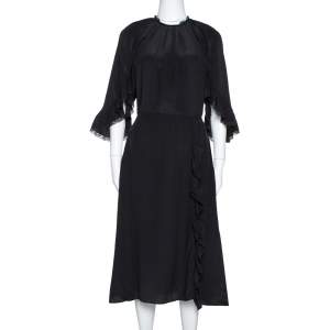 Prada Black Silk Lace Trim Ruffled Midi Dress M