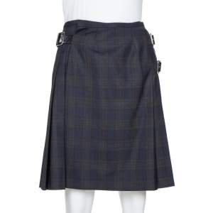 Prada Black Plaid Wool Blend Buckled Wrap Skirt S