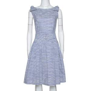 Prada Blue & White Striped Cotton Belted Knee Length Dress M