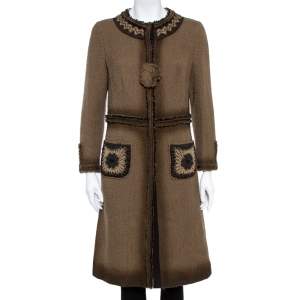 Prada Brown Wool Tweed Embellished Long Coat L