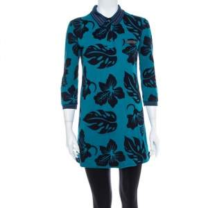 Prada Teal Blue Hawaiian Printed Cotton Pique Collared Tunic S