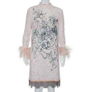 Prada Pink Printed Crepe Metal Hem & Feather Detail Sable Shift Dress M
