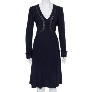 Prada Midnight Blue Crepe Lace Trim Midi Dress M