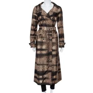 Prada Brown Animal Printed Synthetic Belted Double Breasted Trench Coat M