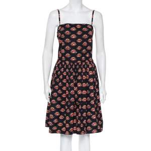 Prada Black Lips Printed Cotton Waist Tie Detail Sleeveless Mini Dress S