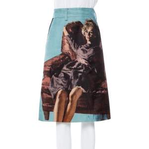 Prada Blue Abstract Printed Wool & Silk Knee Length Skirt S