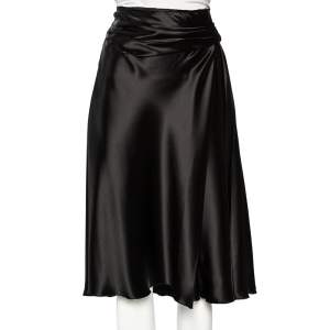 Prada Black Sateen Pleated Detail Knee Length Skirt M