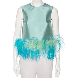 Prada Blue Wool & Silk Feather Trim Sleeveless Top S