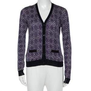 Prada Purple Geometric Patterned Wool & Silk Button Front Cardigan S