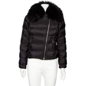  Prada Black Synthetic Quilted & Fur Collared Jacket M