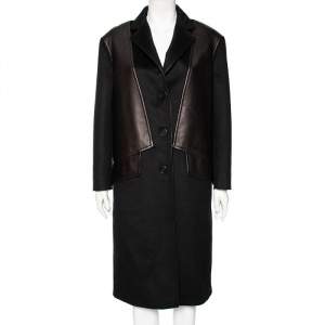 Prada Black Wool And Leather Paneled Button Front Long Coat S