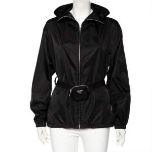 Prada Black Re-Nylon Hooded Zip Front Caban Jacket M