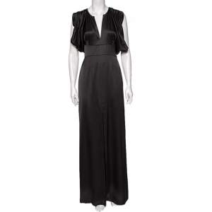 Prada Black Satin V-Neck Draped Gown S