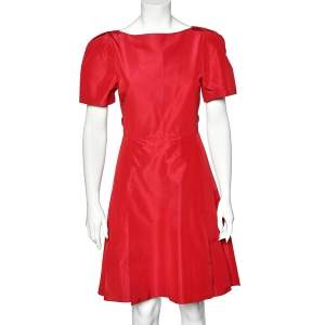 Prada Red Silk Taffeta Pleated Midi Dress S