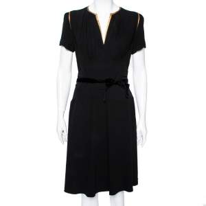 Prada Black Crepe & Leather Trimmed Ruched Waist Detailed Belted Dress M