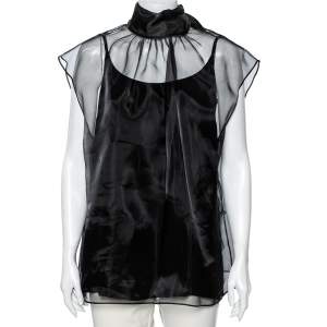 Prada Black Silk Tulle Neck Tie Detailed Sleeveless Organza Blouse L