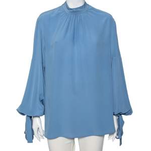 Prada Blue Silk Gathered Cuff Tie Detail Long Sleeve Blouse M