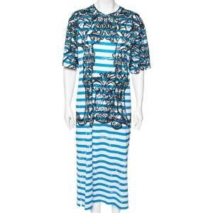 Prada Blue & White Striped Cotton Printed Short Sleeve Dress M