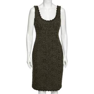Prada Olive Green Floral Embroidered Wool Sleeveless Dress M