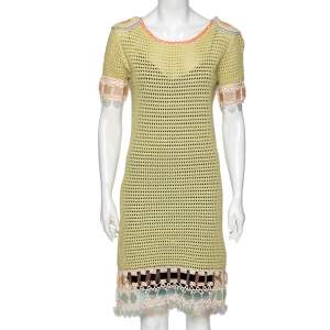 Prada Green Crochet Knit Embellished Short Sleeve Dress S
