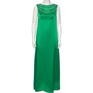 Prada Green Jersey Bead Embellished Neck Sleeveless Gown M