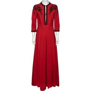 Prada Red Crepe Bead Embellished Long Sleeve pleated Gown M