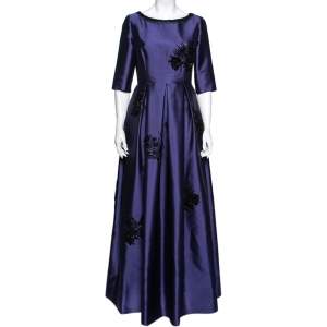 Prada Blue Wool & Silk Bead Embellished Short Sleeve Gown M