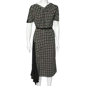 Prada Black Printed Crepe Asymmetric Hem Belted Midi Dress M