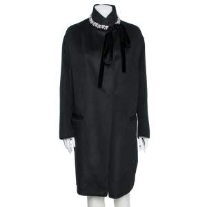 Prada Black Wool Embellished Neck Detail Cape Coat M